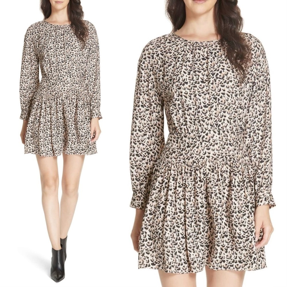 Rebecca Taylor Silk Long Sleeve Animal Print Leopard Dress Sz 4 Sz Small NWOT
